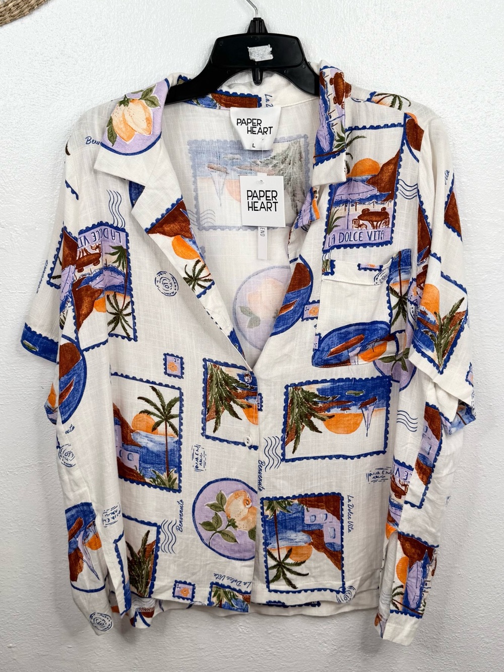 Paper Heart Button Up Shirt Womens L Multicolor Oversized Resort Vacation